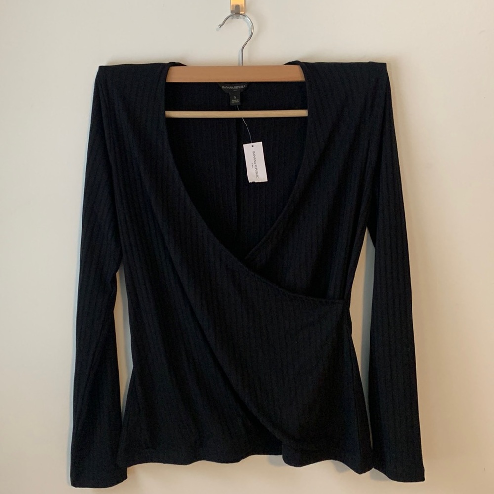 New Banana Republic Black Wrap Long Sleeve Top